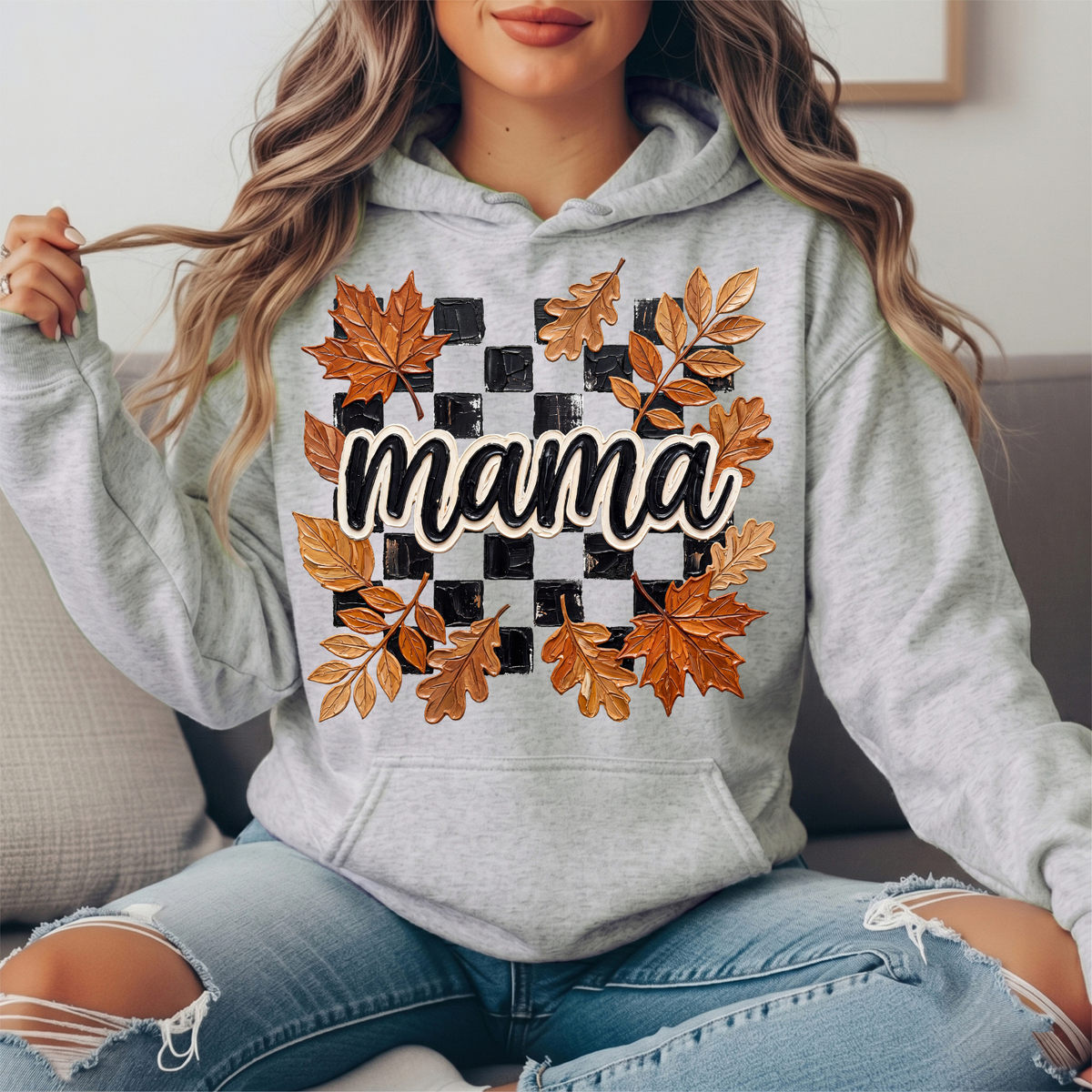Mama Fall Leaves Checkerboard Graphic Hoodie