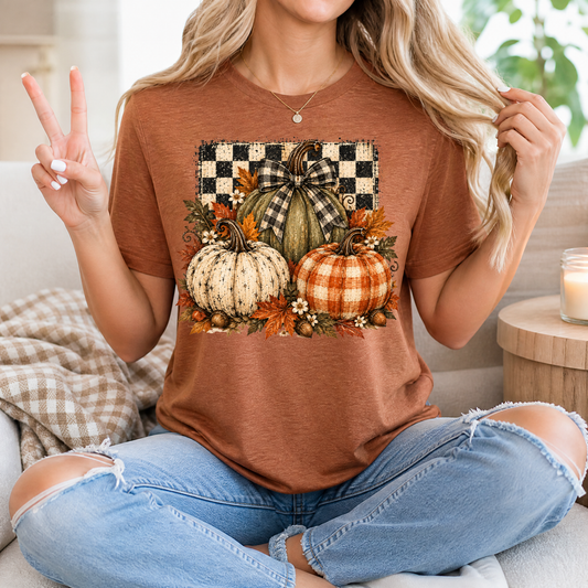 Rustic Fall Pumpkin Trio & Gingham Bow Graphic Tee