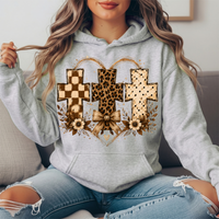 Three Crosses Leopard Floral Bow Graphic Hoodie