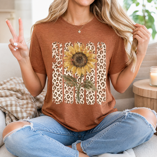 Distressed Sunflower & Leopard Print Graphic Tee