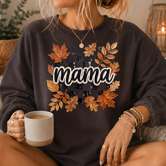 Mama Fall Leaves Checkerboard Crewneck Sweatshirt