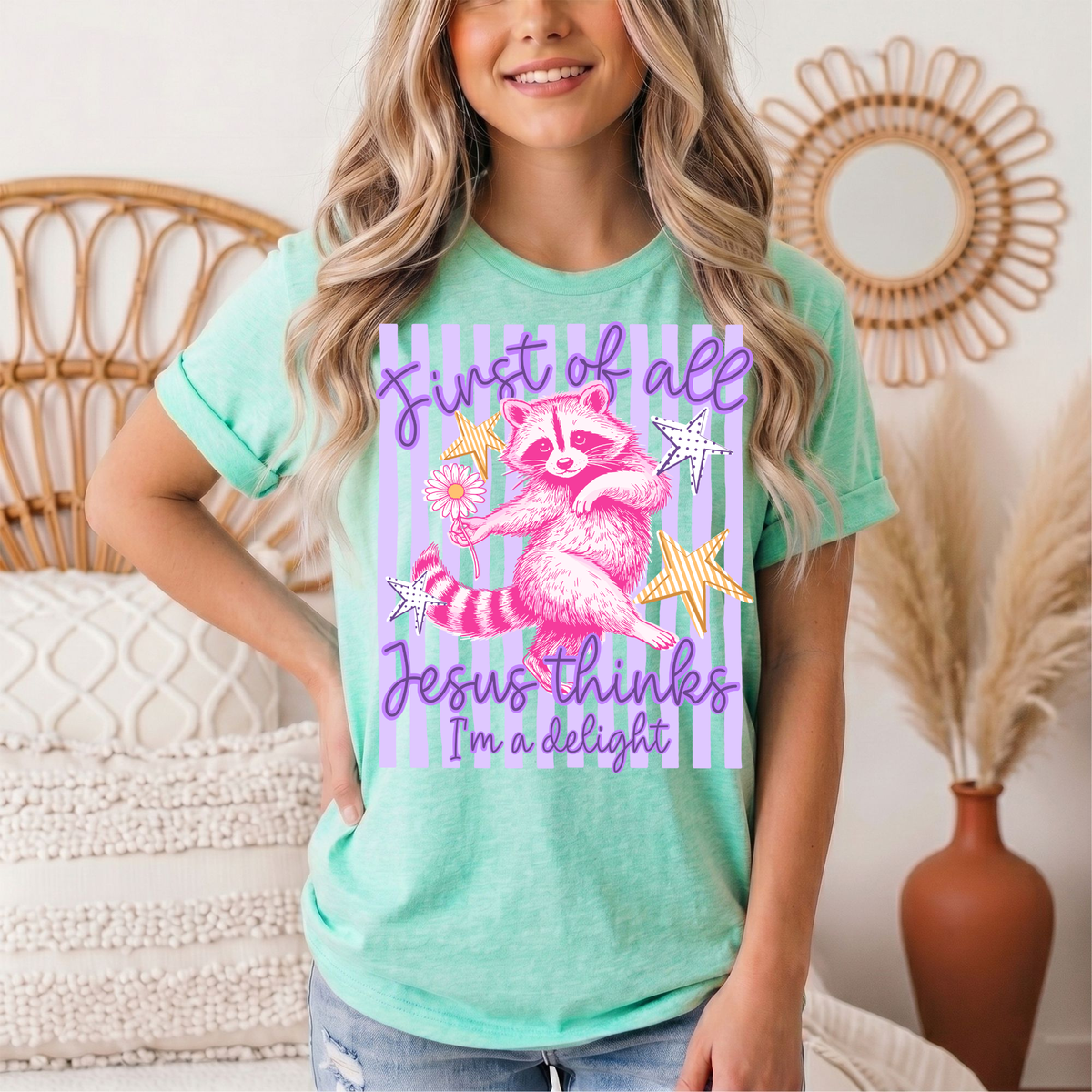 Jesus Thinks I'm a Delight Pink Raccoon Graphic Tee