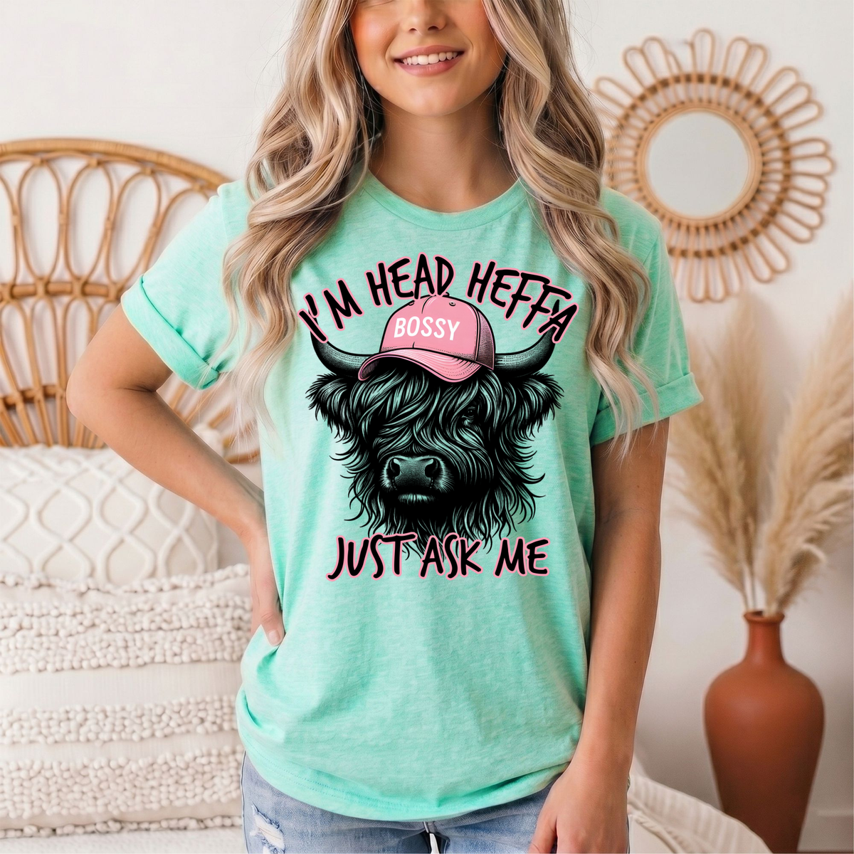 I'm Head Heffa Highland Cow Pink Bossy Cap Graphic Tee