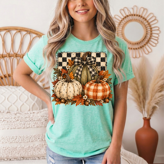 Rustic Fall Pumpkin Trio & Gingham Bow Graphic Tee