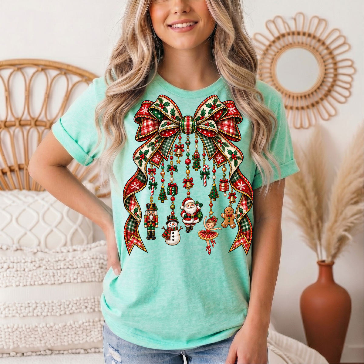 Christmas Plaid Bow & Holiday Charms Graphic Tee