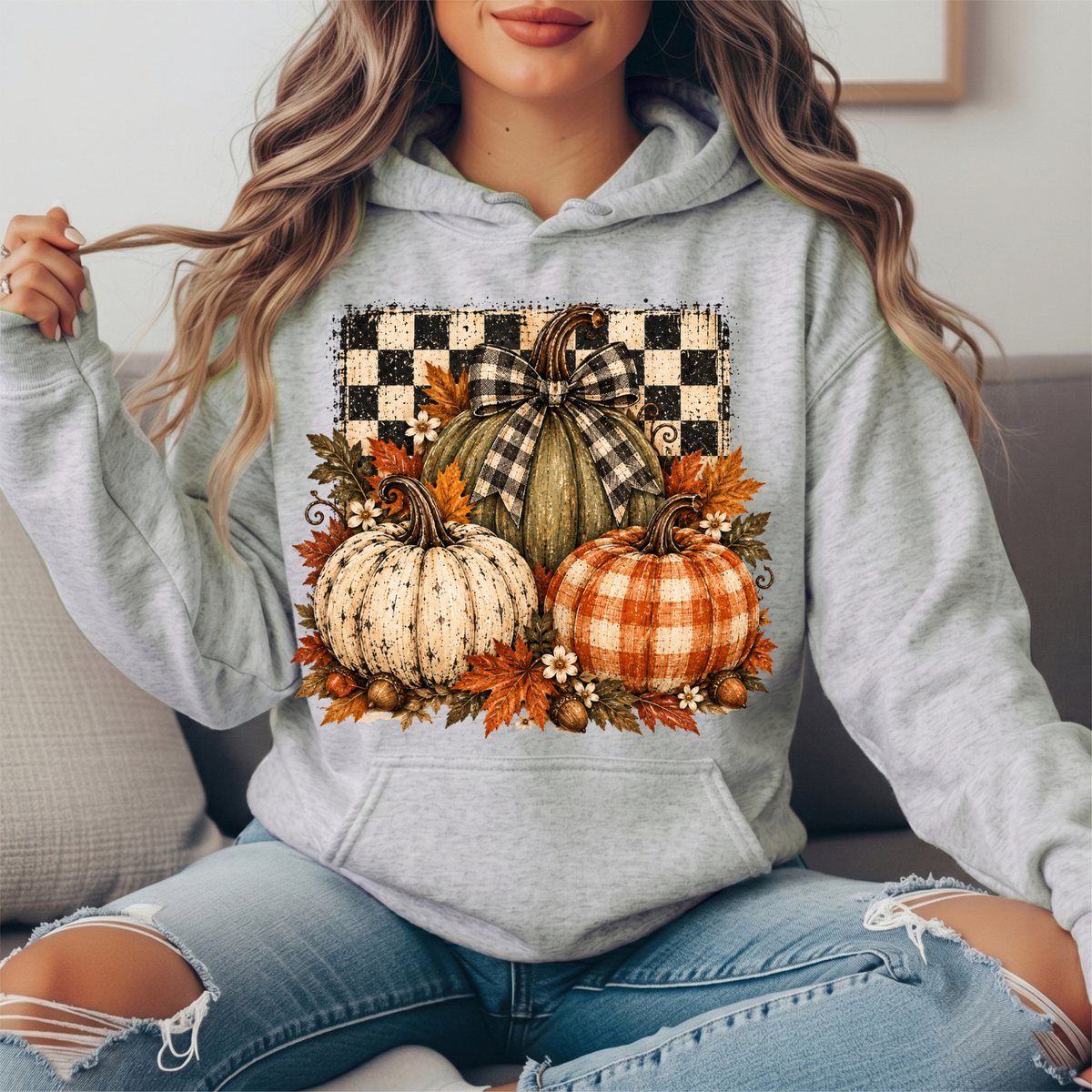 Rustic Fall Pumpkins Buffalo Check Bow Graphic Hoodie