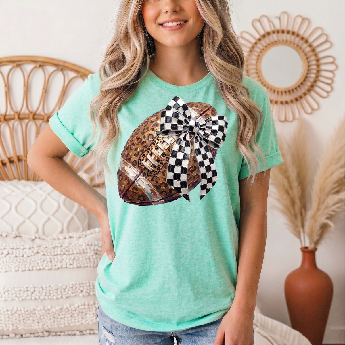 Leopard Football & Checkerboard Bow Graphic Tee