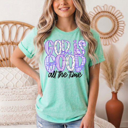 God Is Good All the Time Purple Bow Graphic Tee