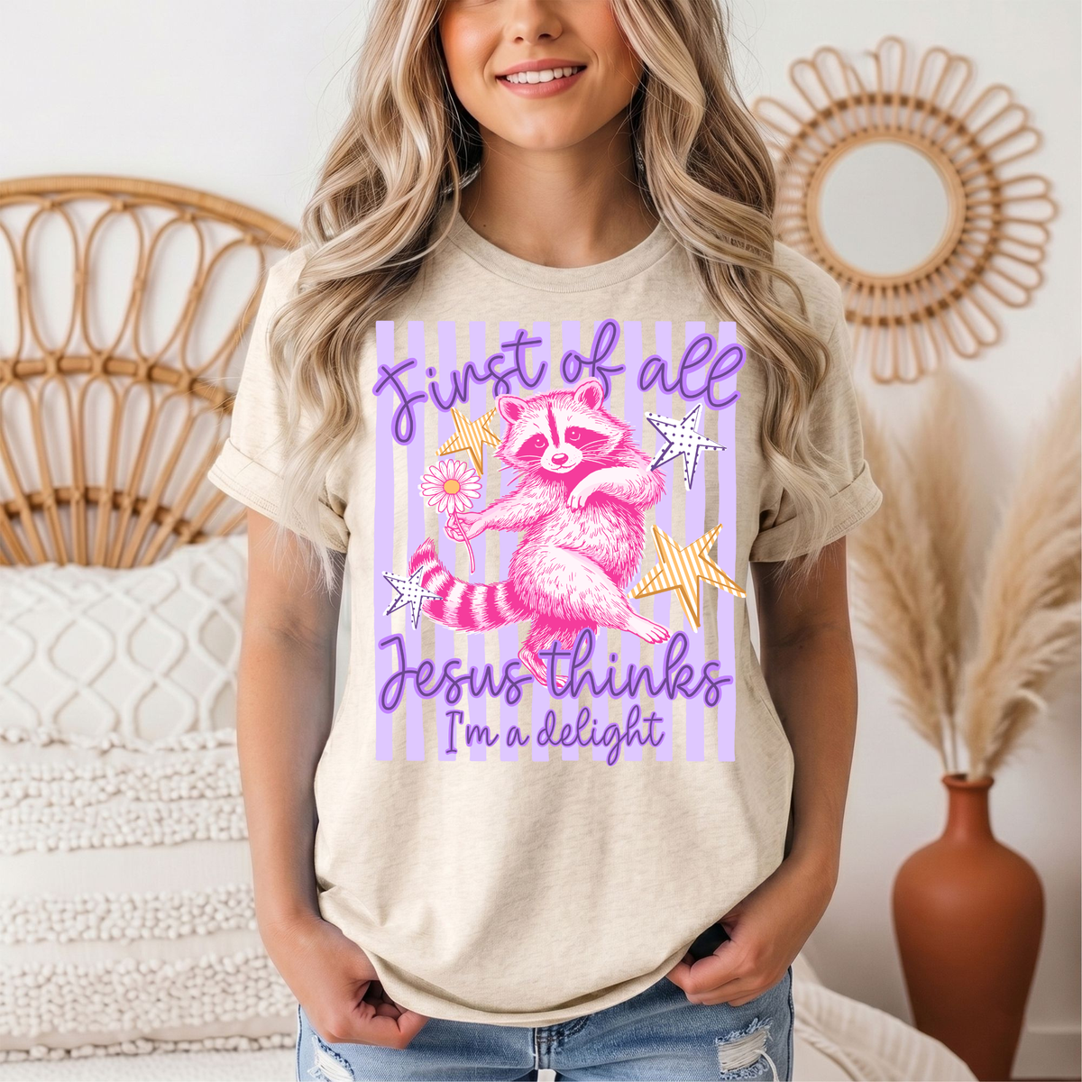 Jesus Thinks I'm a Delight Pink Raccoon Graphic Tee