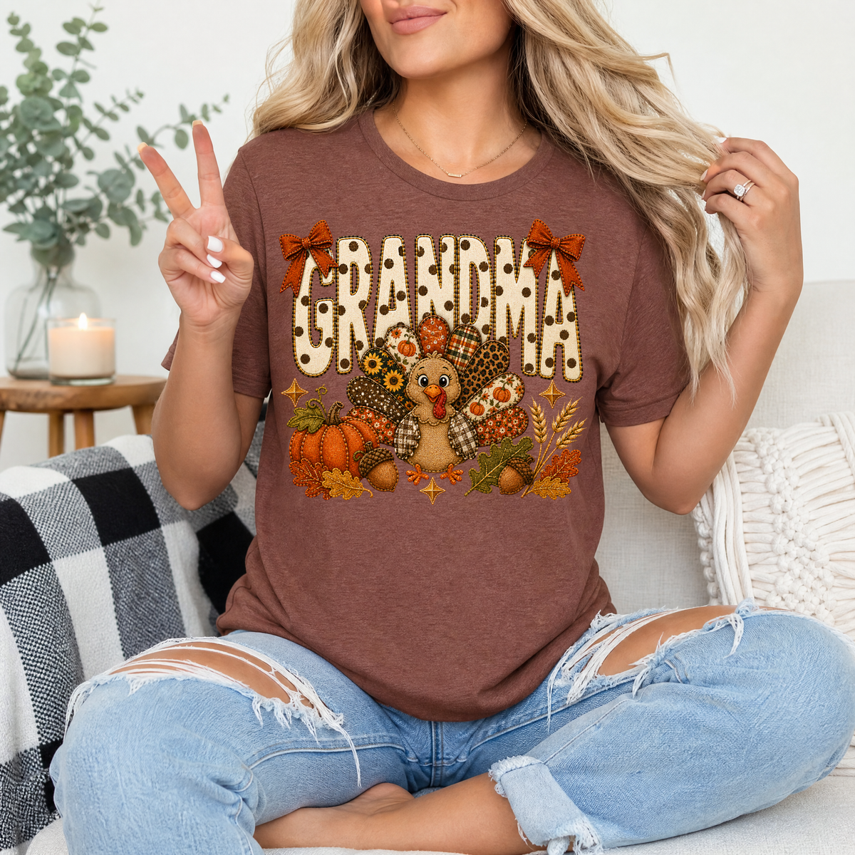 Grandma Thanksgiving Turkey & Bow Graphic Tee