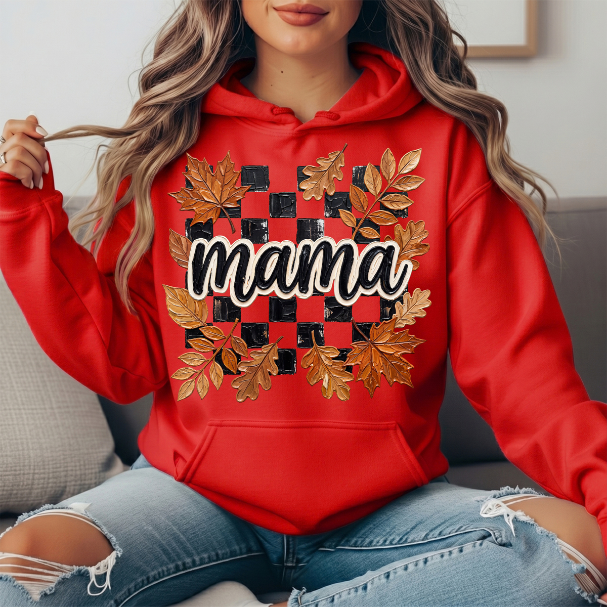 Mama Fall Leaves Checkerboard Graphic Hoodie