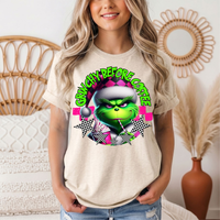 Grinchy Before Coffee Pink Checkerboard Christmas Graphic Tee