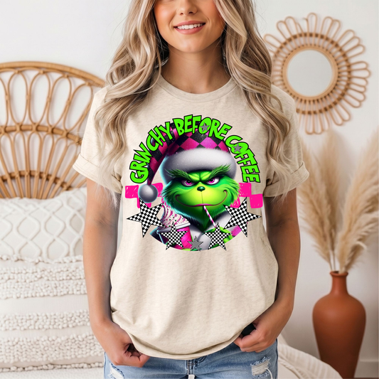 Grinchy Before Coffee Pink Checkerboard Christmas Graphic Tee