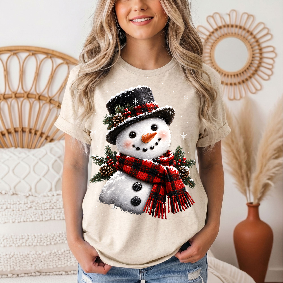 Snowman Buffalo Plaid Scarf Christmas Graphic Tee