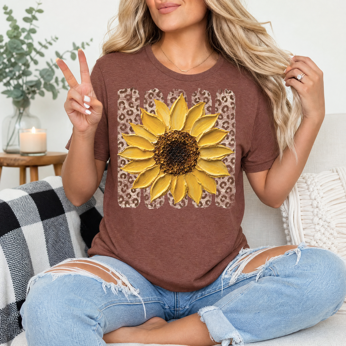 Painted Sunflower & Leopard Print Graphic Tee