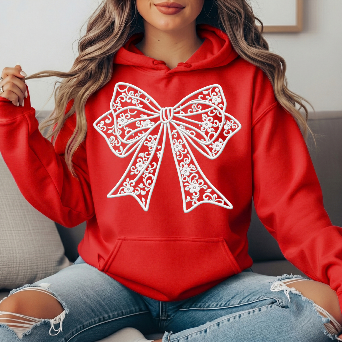 Floral Lace Bow Graphic Hoodie