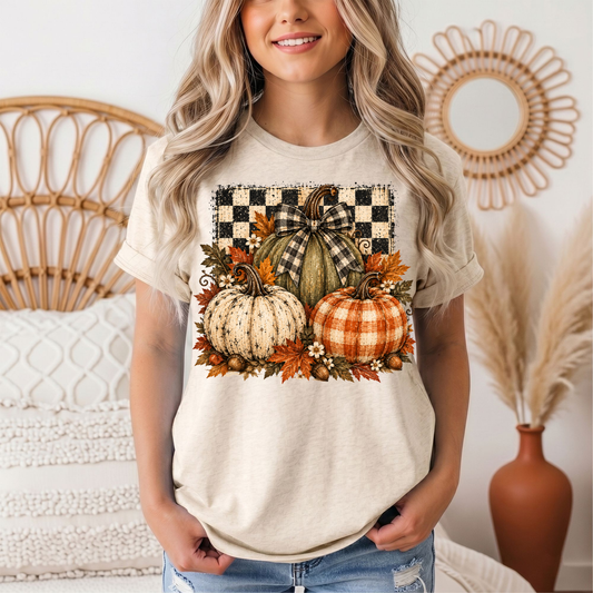 Rustic Fall Pumpkin Trio & Gingham Bow Graphic Tee