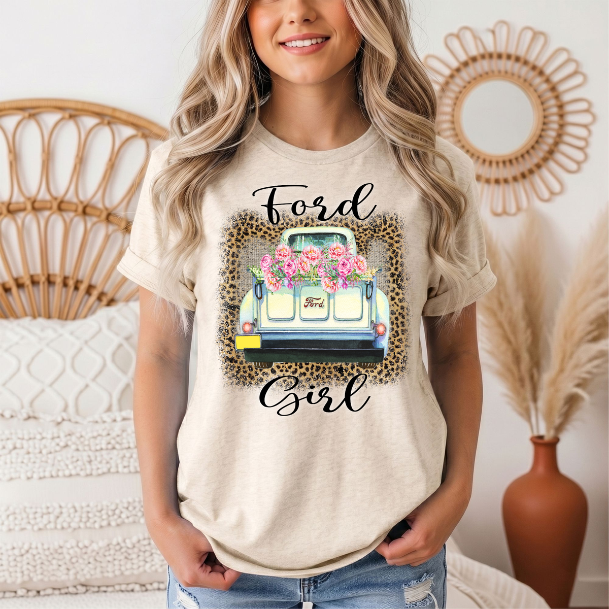 Ford Girl Floral Vintage Truck & Leopard Graphic Tee