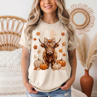 Fall Highland Cow Leopard Bow & Pumpkin Graphic Tee