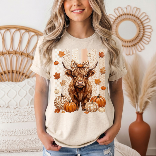 Fall Highland Cow Leopard Bow & Pumpkin Graphic Tee