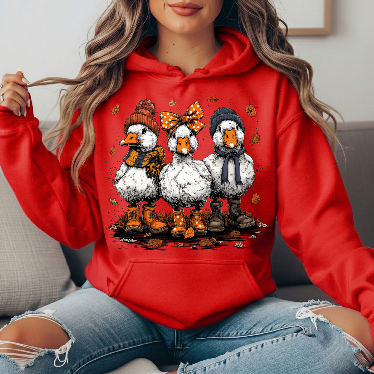 Fall Ducks in Boots & Orange Bow Graphic Hoodie