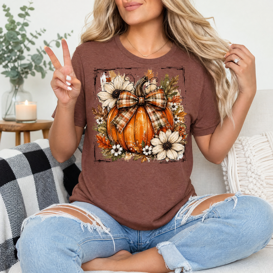 Fall Pumpkin Floral & Plaid Bow Graphic Tee