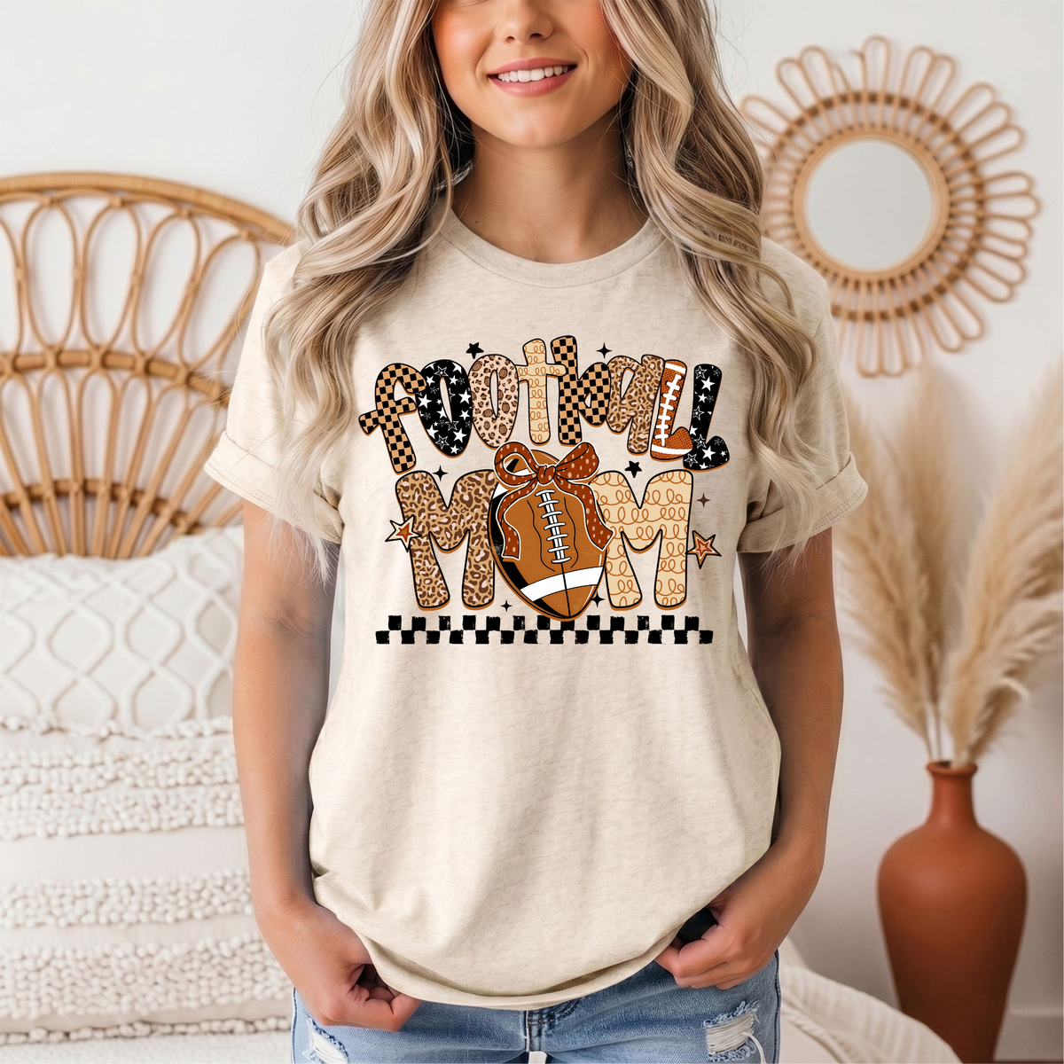Football Mom Mixed Print Bow & Checkerboard Graphic Tee