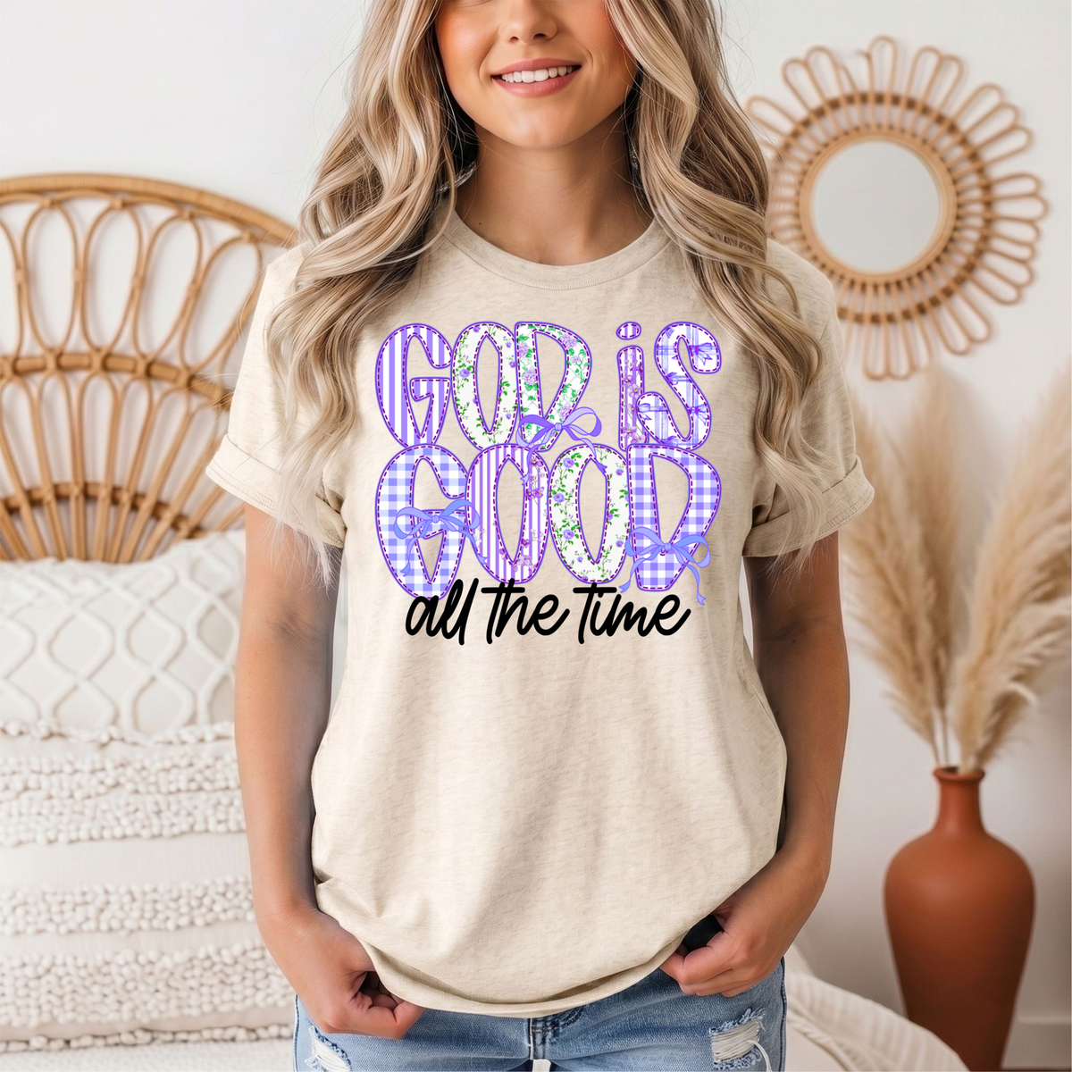 God Is Good All the Time Purple Bow Graphic Tee