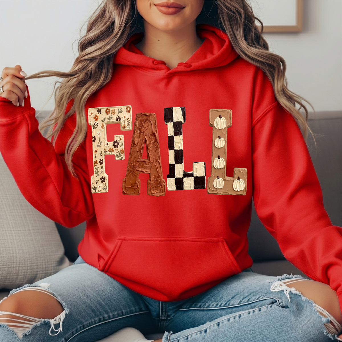 Fall Floral Checkerboard Pumpkin Lettering Graphic Hoodie