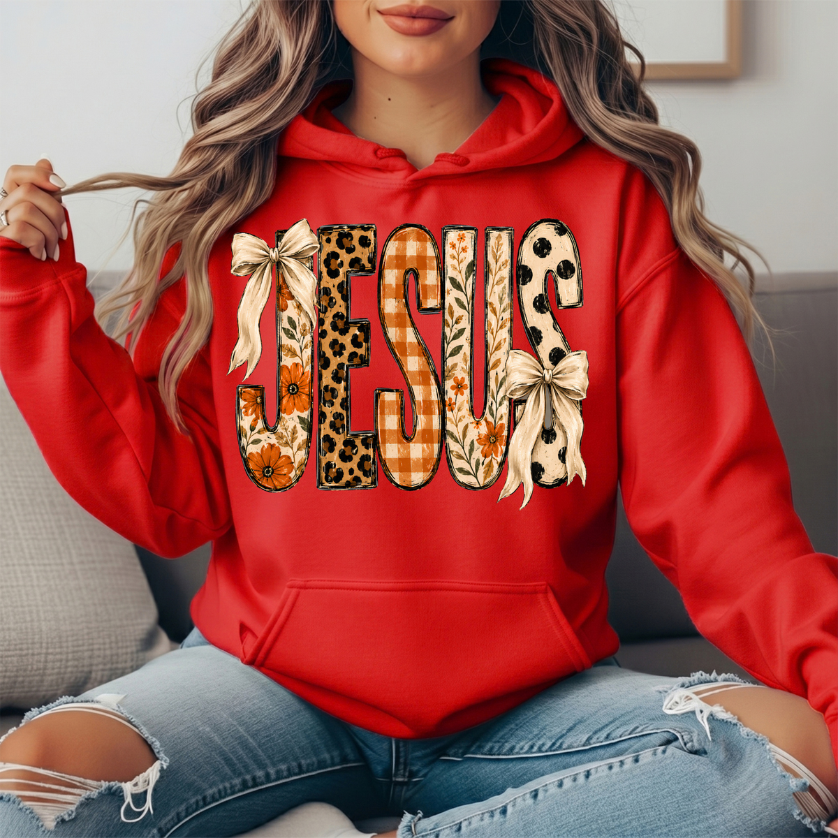 Jesus Patchwork Floral & Bow Graphic Hoodie