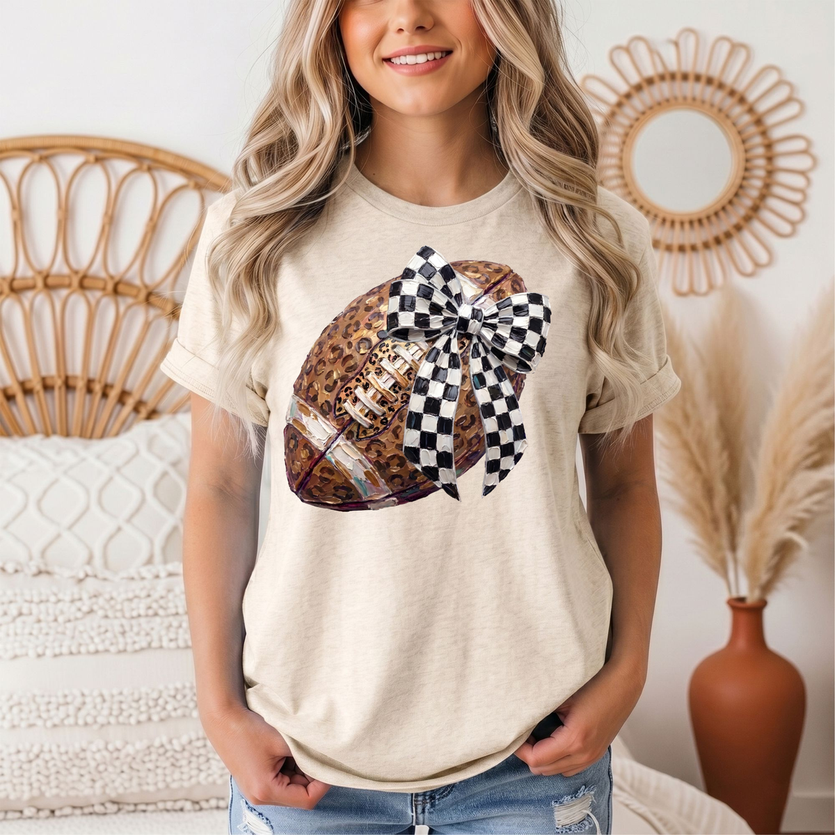Leopard Football & Checkerboard Bow Graphic Tee