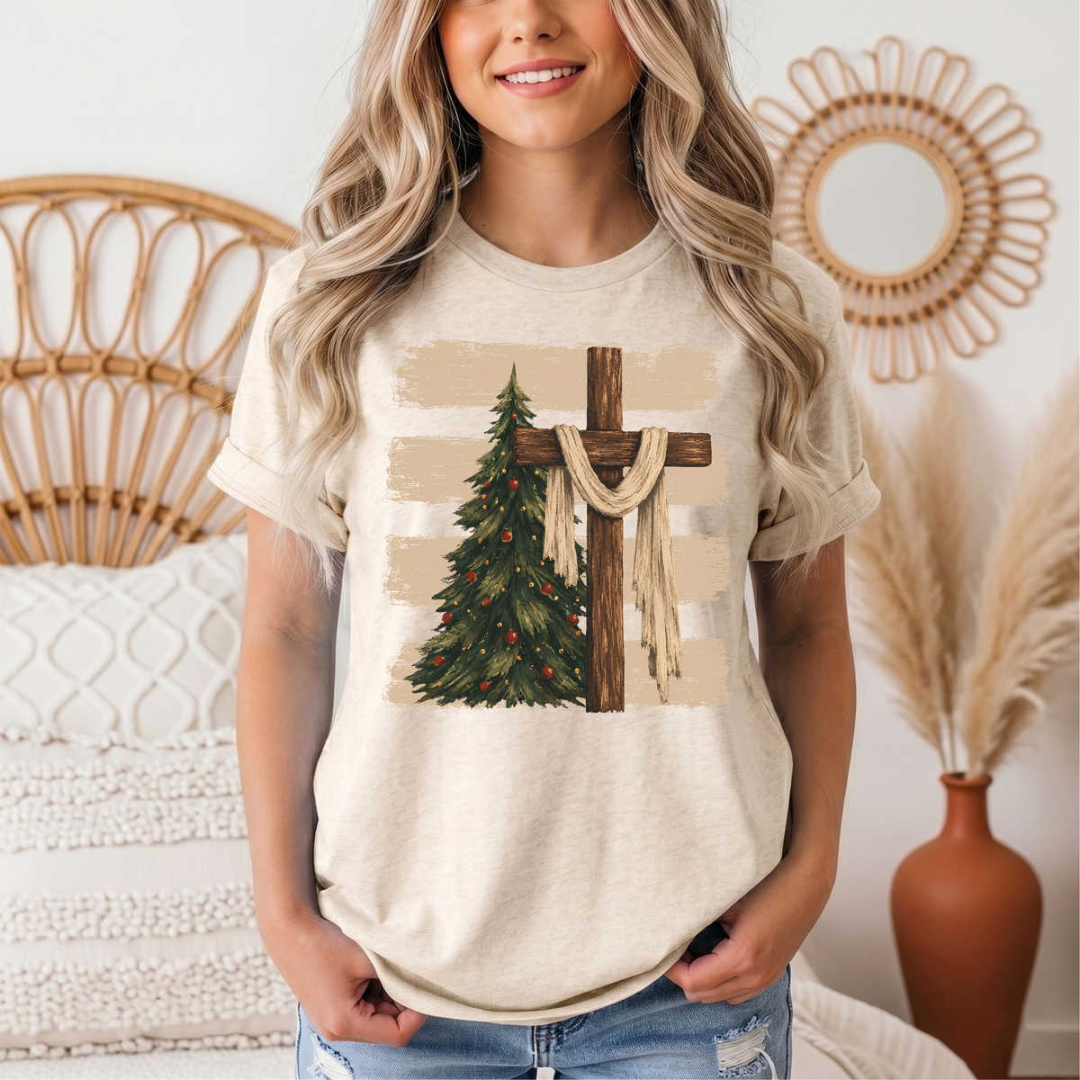 Rustic Cross & Christmas Tree Christian Graphic Tee