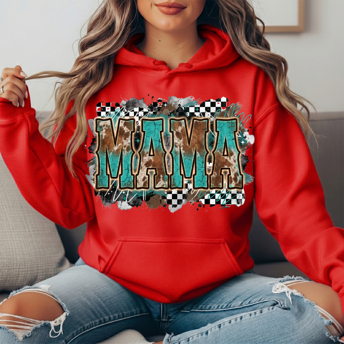 Turquoise Cowhide Mama Western Graphic Hoodie