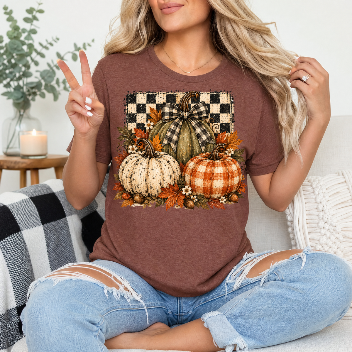 Rustic Fall Pumpkin Trio & Gingham Bow Graphic Tee