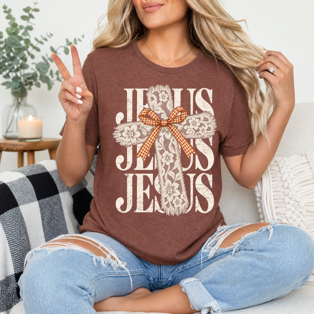 Jesus Lace Cross & Gingham Bow Christian Graphic Tee