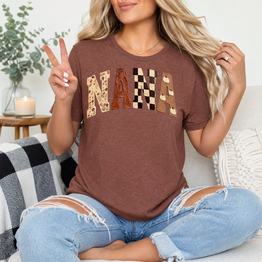Fall Nana Floral, Checkerboard & Pumpkin Graphic Tee