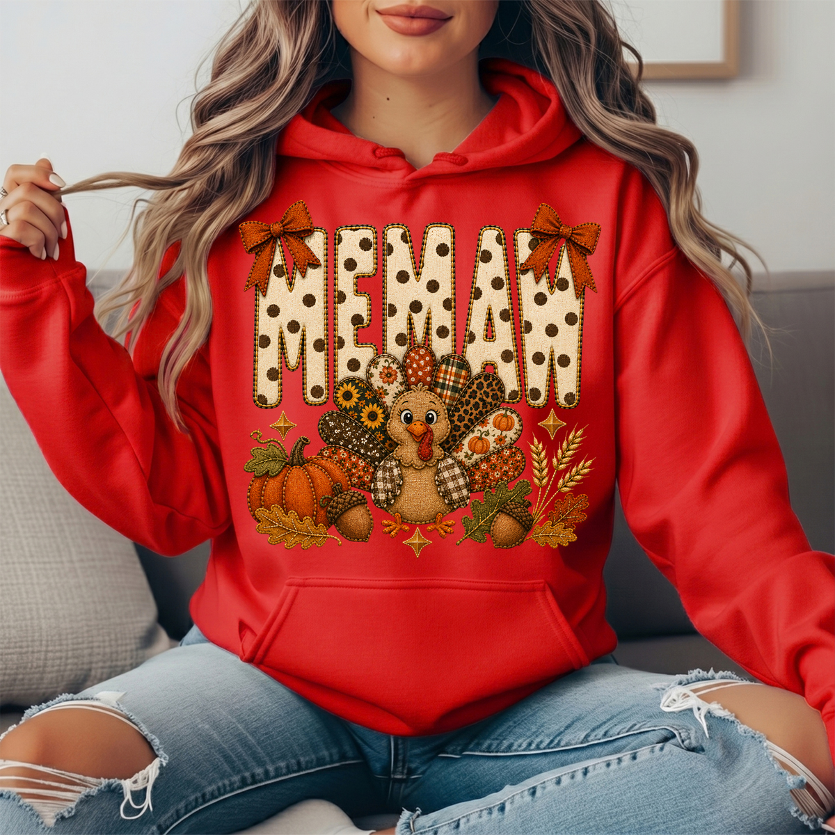 Memaw Thanksgiving Turkey & Rust Bows Graphic Hoodie