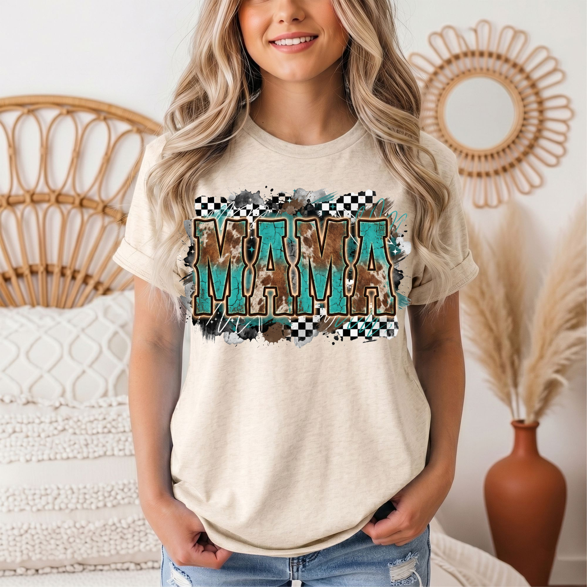Turquoise & Cow Print Mama Western Graphic Tee