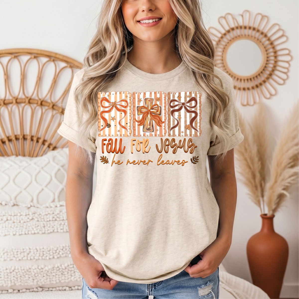 Fall for Jesus He Never Leaves Christian Graphic Tee