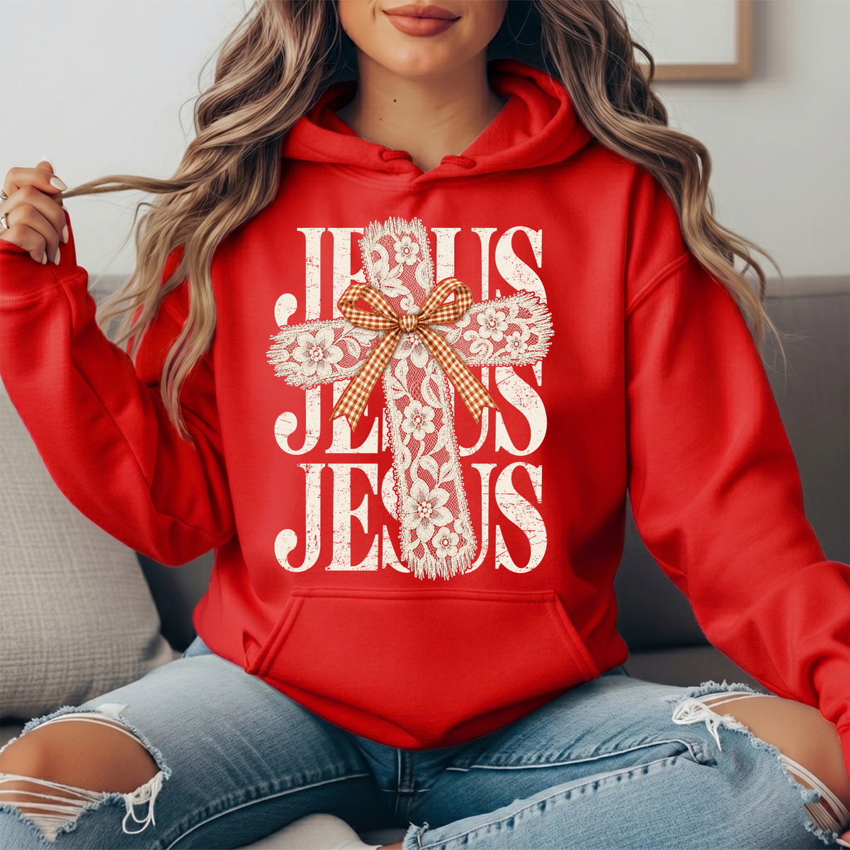 Jesus Floral Lace Cross & Gingham Bow Graphic Hoodie