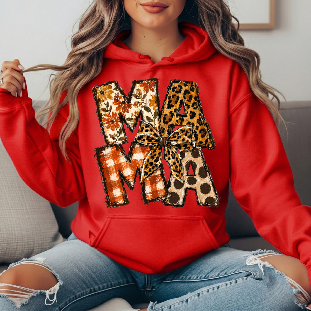 Mama Fall Patchwork & Leopard Bow Graphic Hoodie