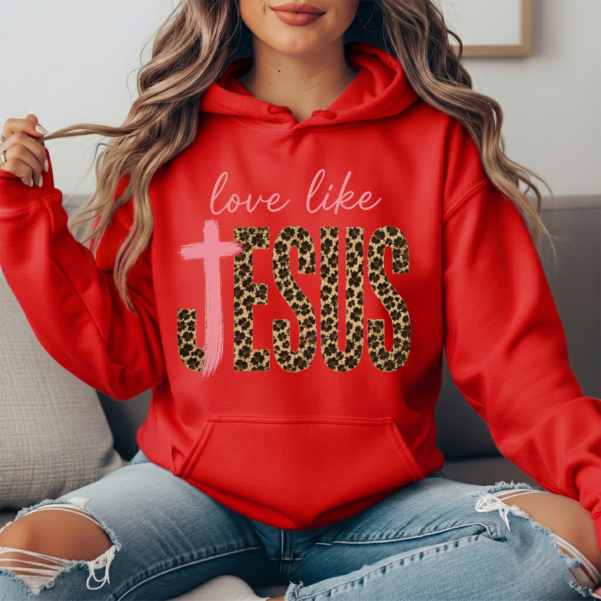 Love Like Jesus Leopard Print Cross Graphic Hoodie