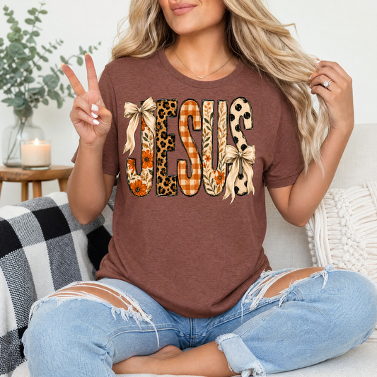 Jesus Floral, Leopard & Gingham Bow Graphic Tee