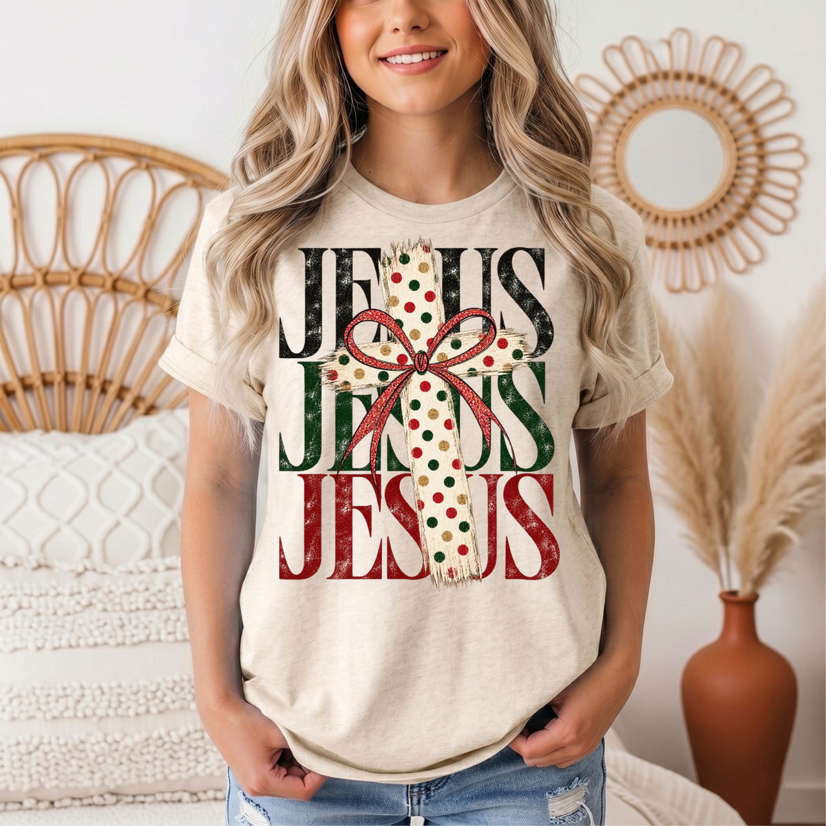 Jesus Christmas Cross & Bow Graphic Tee
