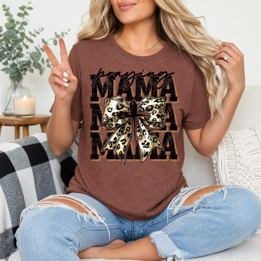 Praying Mama Leopard Bow & Cross Graphic Tee