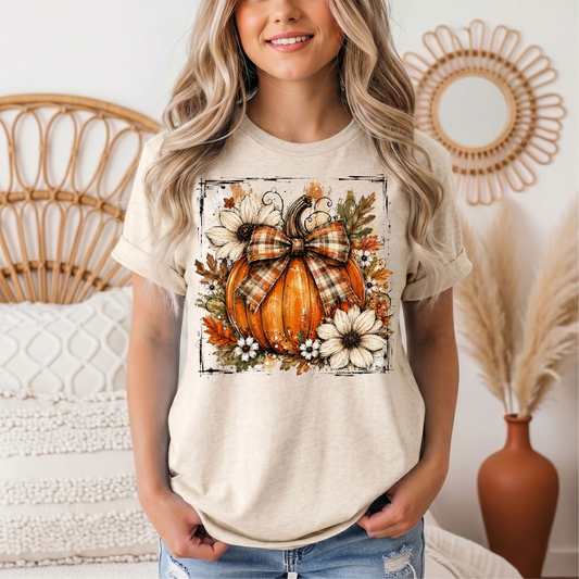 Fall Pumpkin Floral & Plaid Bow Graphic Tee