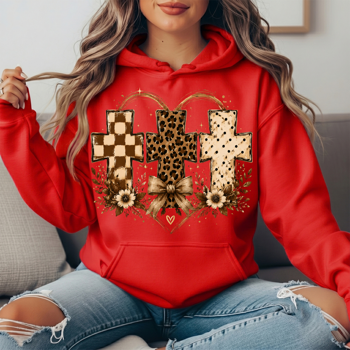 Three Crosses Leopard Floral Bow Graphic Hoodie