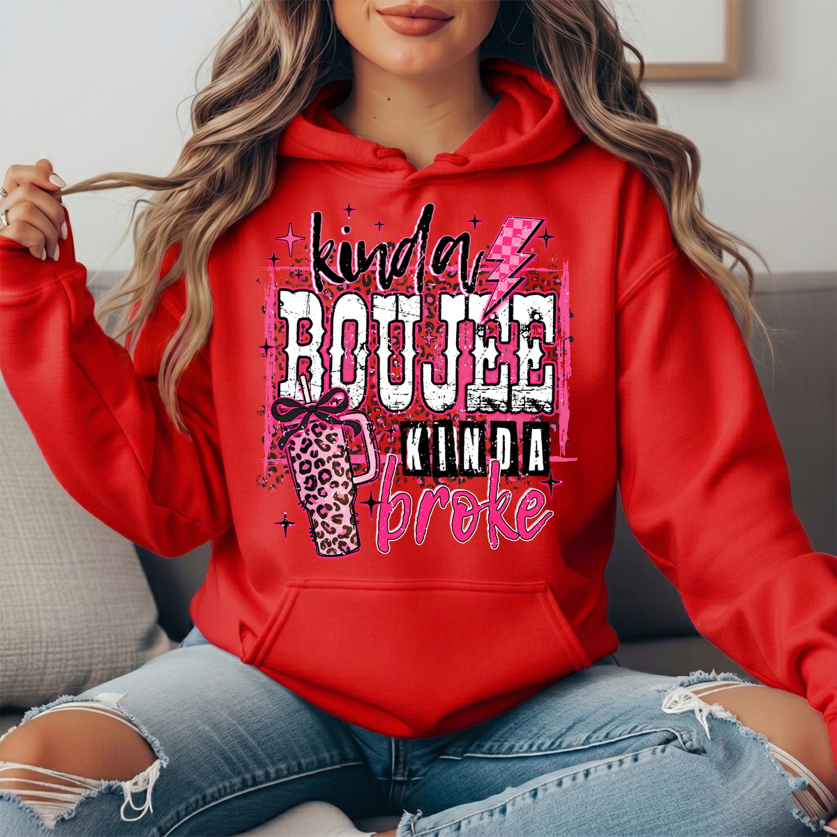 Kinda Boujee Kinda Broke Pink Leopard Graphic Hoodie