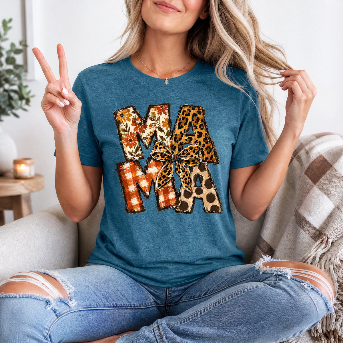 Fall Mama Floral & Leopard Bow Graphic Tee