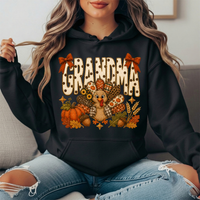 Grandma Thanksgiving Patchwork Turkey Bow Graphic Hoodie